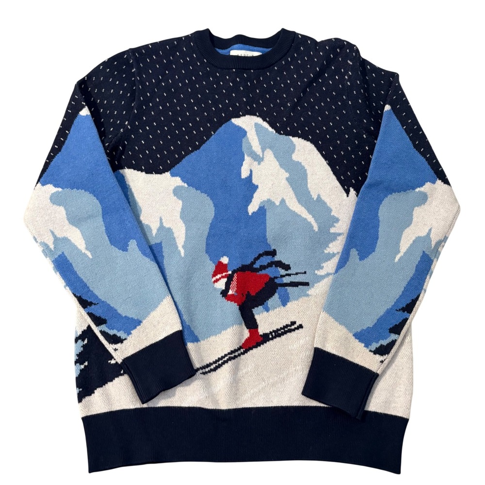 Aspen Mens Small Ski Mountain Intarsia Knit Sweater Navy Blue Winter Scene